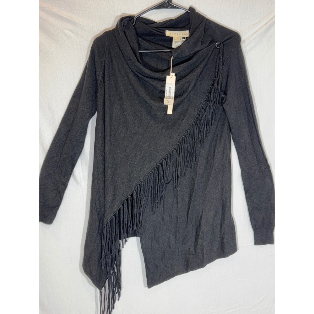 LOVESTITCH Black Fringe Cowl Neck Asymmetrical Draped Cardigan Sweater XS‎